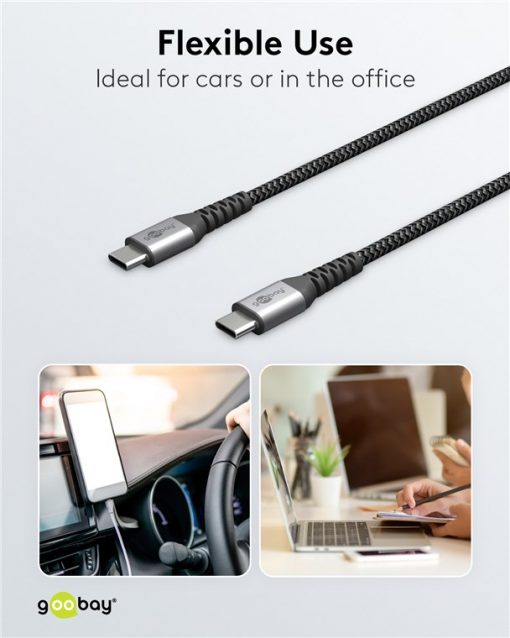 Kabel - USB C-C, 60W, 1m, metallplugger - Bilde 3