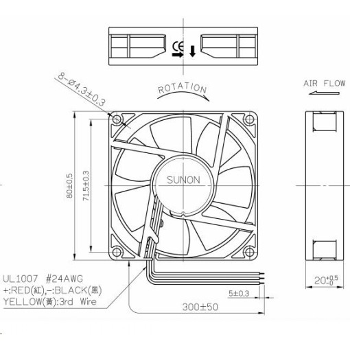 Vifte, 12V, 80 x 20mm, MagLev, 3300rpm - Bilde 2